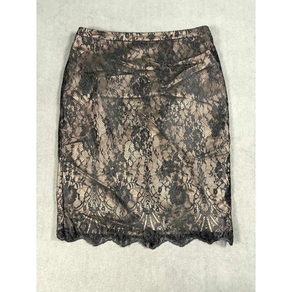 New York & Company Pencil Skirt Womens 10 Black Nude Lace Overlay Scalloped‎ Hem